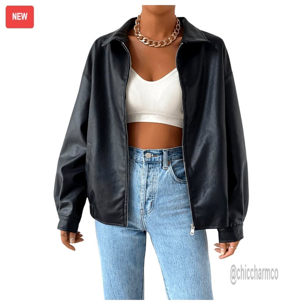 Faux Leather Shacket Zip Up Motorcycle Jacket Biker Coat Long Sleeve